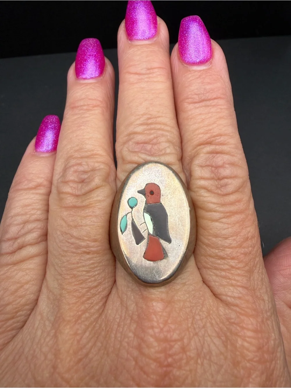 Vintage Zuni Bird Inlay Ring Turquoise Coral Sterling Silver 19.55g Native